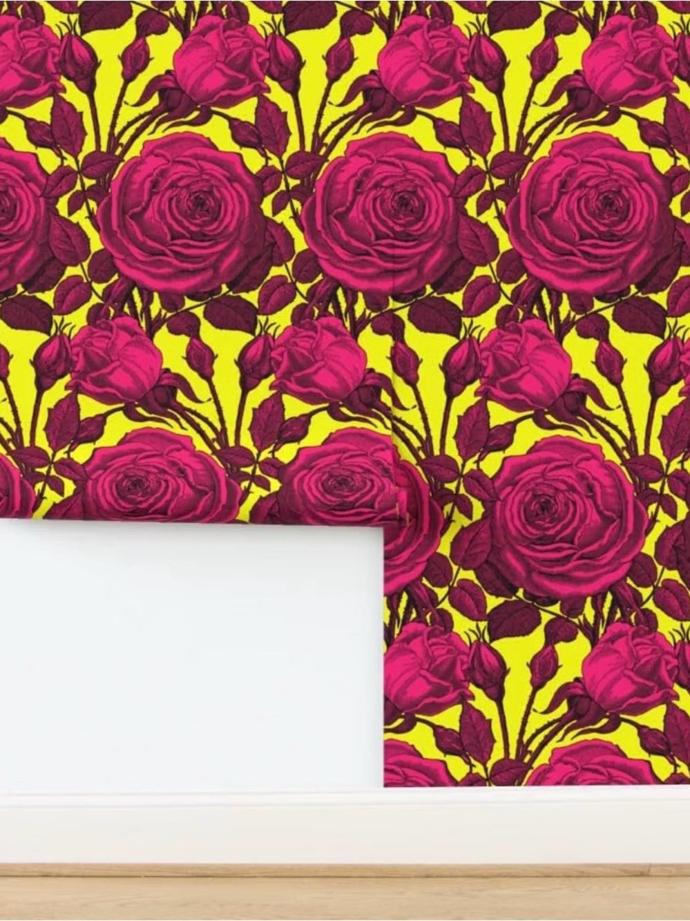 Spoonflower Pinkd Roses on Yellow Prepasted Removable Wallpaper